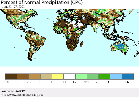 World Percent of Normal Precipitation (CPC) Thematic Map For 6/21/2021 - 6/27/2021