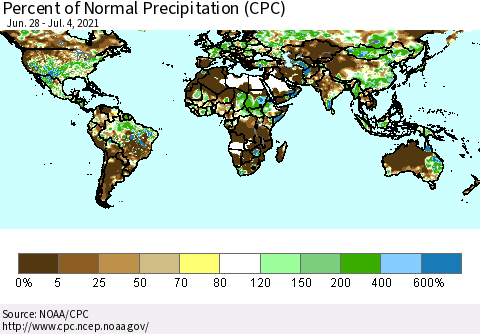 World Percent of Normal Precipitation (CPC) Thematic Map For 6/28/2021 - 7/4/2021