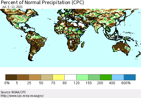 World Percent of Normal Precipitation (CPC) Thematic Map For 7/5/2021 - 7/11/2021