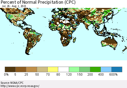 World Percent of Normal Precipitation (CPC) Thematic Map For 7/26/2021 - 8/1/2021