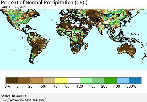 World Percent of Normal Precipitation (CPC) Thematic Map For 8/16/2021 - 8/22/2021