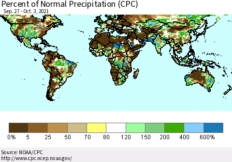 World Percent of Normal Precipitation (CPC) Thematic Map For 9/27/2021 - 10/3/2021