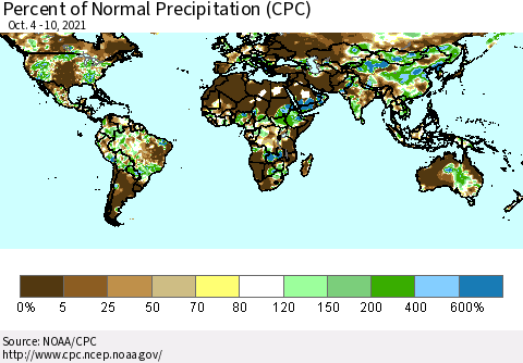World Percent of Normal Precipitation (CPC) Thematic Map For 10/4/2021 - 10/10/2021