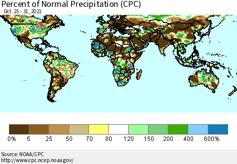 World Percent of Normal Precipitation (CPC) Thematic Map For 10/25/2021 - 10/31/2021