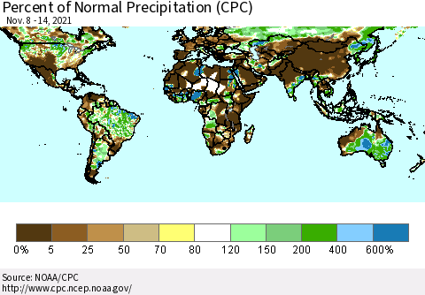 World Percent of Normal Precipitation (CPC) Thematic Map For 11/8/2021 - 11/14/2021