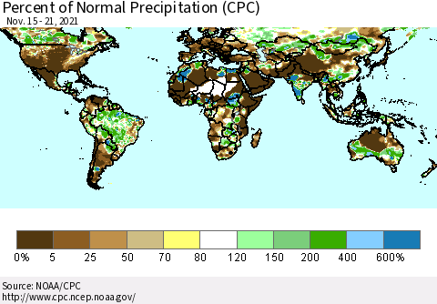 World Percent of Normal Precipitation (CPC) Thematic Map For 11/15/2021 - 11/21/2021