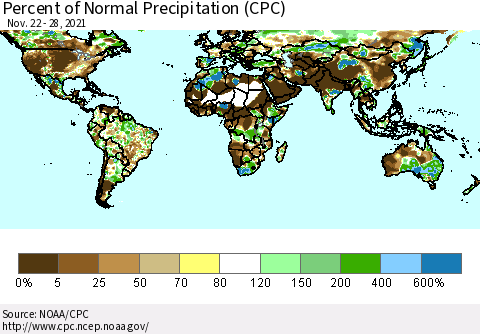 World Percent of Normal Precipitation (CPC) Thematic Map For 11/22/2021 - 11/28/2021