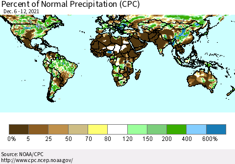 World Percent of Normal Precipitation (CPC) Thematic Map For 12/6/2021 - 12/12/2021