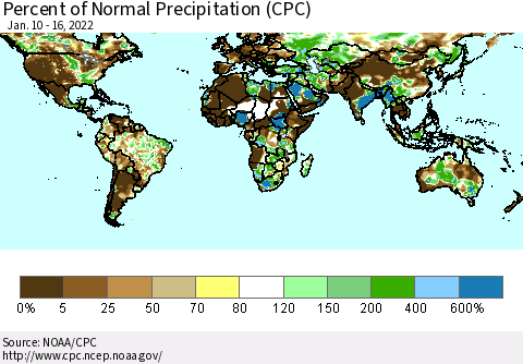 World Percent of Normal Precipitation (CPC) Thematic Map For 1/10/2022 - 1/16/2022