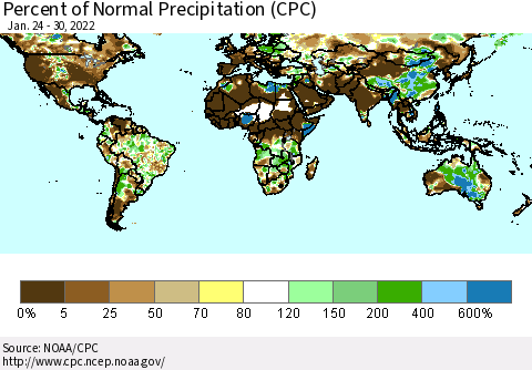 World Percent of Normal Precipitation (CPC) Thematic Map For 1/24/2022 - 1/30/2022