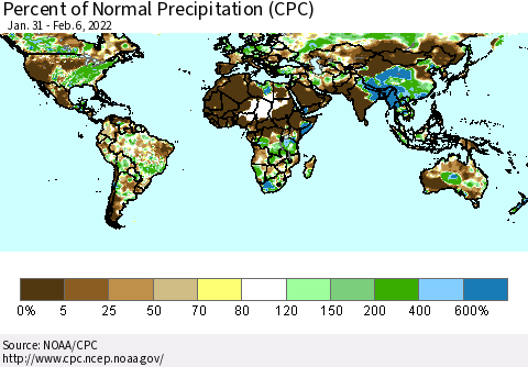 World Percent of Normal Precipitation (CPC) Thematic Map For 1/31/2022 - 2/6/2022