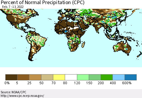 World Percent of Normal Precipitation (CPC) Thematic Map For 2/7/2022 - 2/13/2022