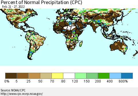 World Percent of Normal Precipitation (CPC) Thematic Map For 2/21/2022 - 2/27/2022
