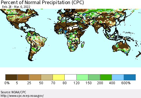 World Percent of Normal Precipitation (CPC) Thematic Map For 2/28/2022 - 3/6/2022