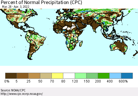 World Percent of Normal Precipitation (CPC) Thematic Map For 3/28/2022 - 4/3/2022