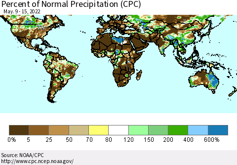 World Percent of Normal Precipitation (CPC) Thematic Map For 5/9/2022 - 5/15/2022