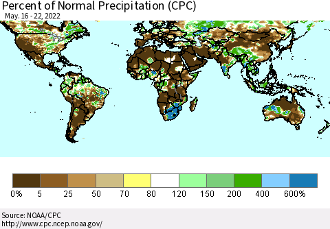 World Percent of Normal Precipitation (CPC) Thematic Map For 5/16/2022 - 5/22/2022