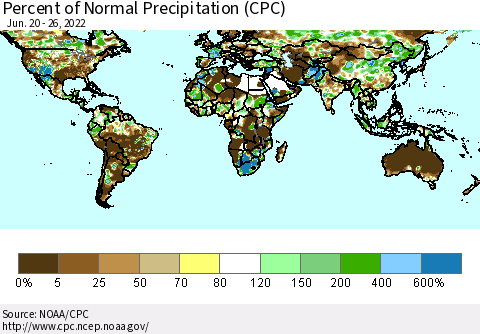World Percent of Normal Precipitation (CPC) Thematic Map For 6/20/2022 - 6/26/2022