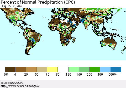 World Percent of Normal Precipitation (CPC) Thematic Map For 8/15/2022 - 8/21/2022