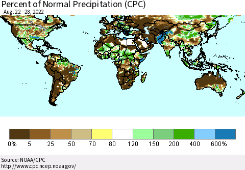 World Percent of Normal Precipitation (CPC) Thematic Map For 8/22/2022 - 8/28/2022