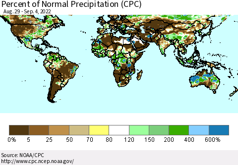 World Percent of Normal Precipitation (CPC) Thematic Map For 8/29/2022 - 9/4/2022