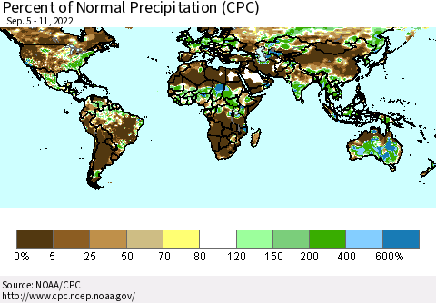 World Percent of Normal Precipitation (CPC) Thematic Map For 9/5/2022 - 9/11/2022