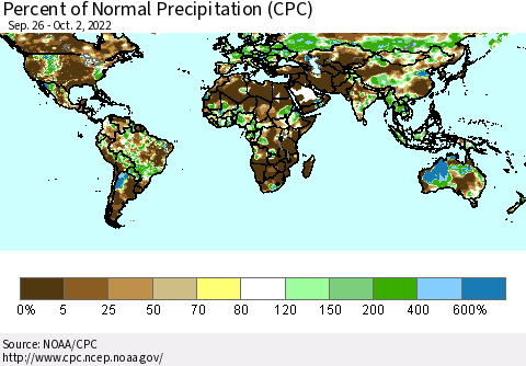 World Percent of Normal Precipitation (CPC) Thematic Map For 9/26/2022 - 10/2/2022