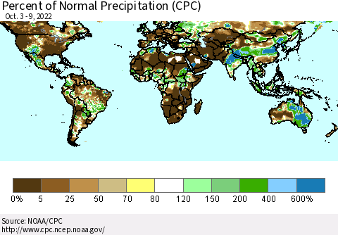 World Percent of Normal Precipitation (CPC) Thematic Map For 10/3/2022 - 10/9/2022