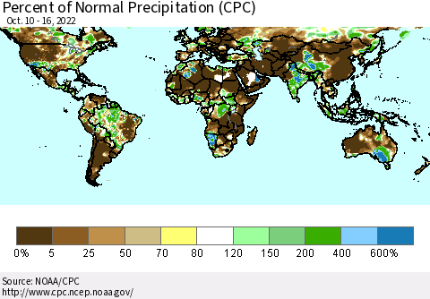 World Percent of Normal Precipitation (CPC) Thematic Map For 10/10/2022 - 10/16/2022