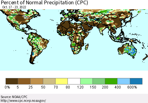 World Percent of Normal Precipitation (CPC) Thematic Map For 10/17/2022 - 10/23/2022