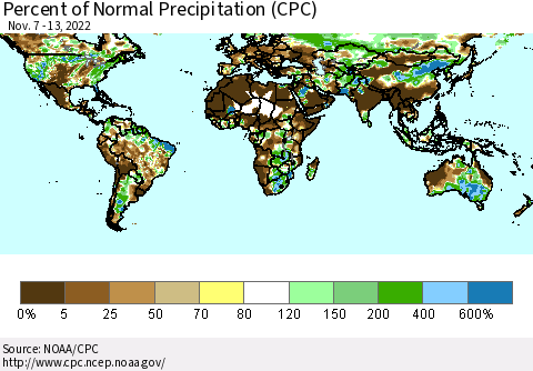 World Percent of Normal Precipitation (CPC) Thematic Map For 11/7/2022 - 11/13/2022