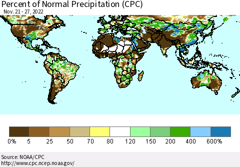 World Percent of Normal Precipitation (CPC) Thematic Map For 11/21/2022 - 11/27/2022