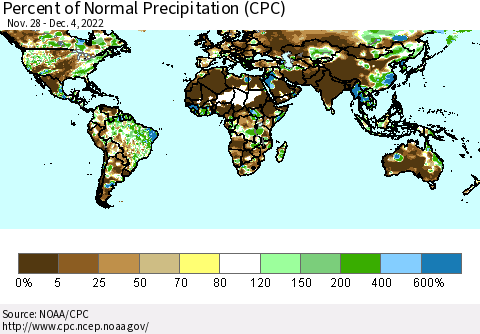 World Percent of Normal Precipitation (CPC) Thematic Map For 11/28/2022 - 12/4/2022
