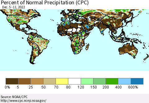 World Percent of Normal Precipitation (CPC) Thematic Map For 12/5/2022 - 12/11/2022