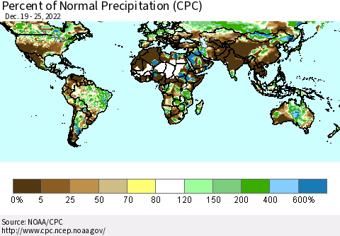 World Percent of Normal Precipitation (CPC) Thematic Map For 12/19/2022 - 12/25/2022