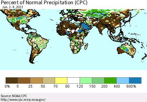 World Percent of Normal Precipitation (CPC) Thematic Map For 1/2/2023 - 1/8/2023