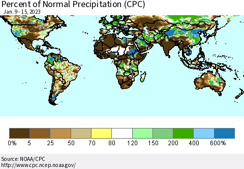 World Percent of Normal Precipitation (CPC) Thematic Map For 1/9/2023 - 1/15/2023