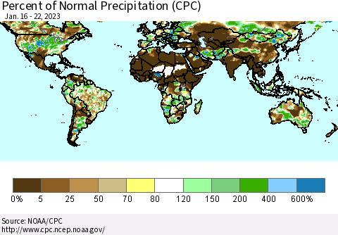 World Percent of Normal Precipitation (CPC) Thematic Map For 1/16/2023 - 1/22/2023