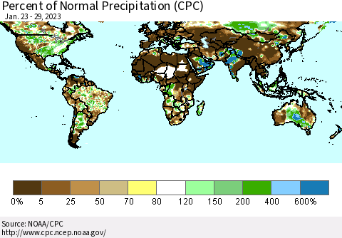 World Percent of Normal Precipitation (CPC) Thematic Map For 1/23/2023 - 1/29/2023