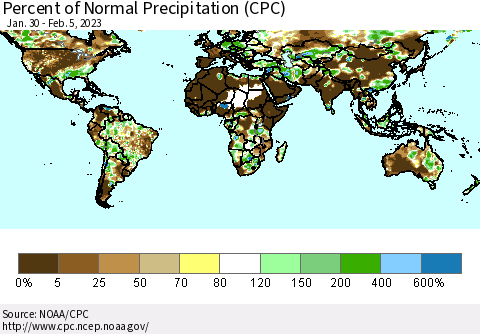 World Percent of Normal Precipitation (CPC) Thematic Map For 1/30/2023 - 2/5/2023
