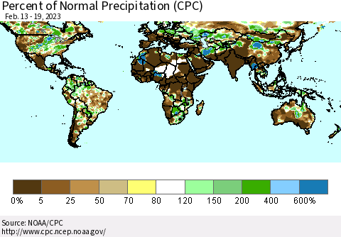 World Percent of Normal Precipitation (CPC) Thematic Map For 2/13/2023 - 2/19/2023