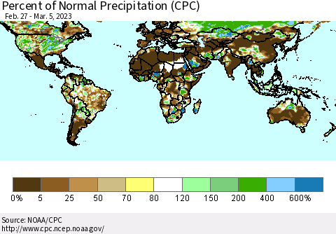 World Percent of Normal Precipitation (CPC) Thematic Map For 2/27/2023 - 3/5/2023