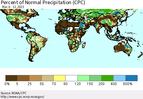 World Percent of Normal Precipitation (CPC) Thematic Map For 3/6/2023 - 3/12/2023