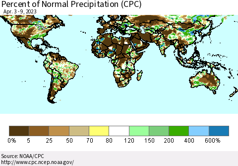 World Percent of Normal Precipitation (CPC) Thematic Map For 4/3/2023 - 4/9/2023
