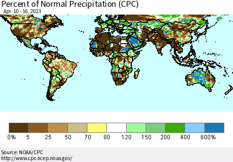 World Percent of Normal Precipitation (CPC) Thematic Map For 4/10/2023 - 4/16/2023