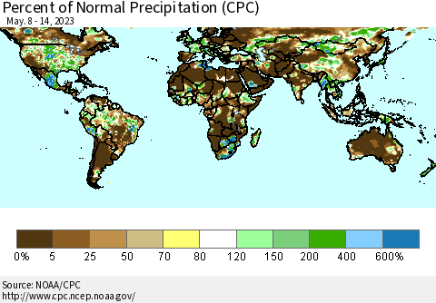 World Percent of Normal Precipitation (CPC) Thematic Map For 5/8/2023 - 5/14/2023