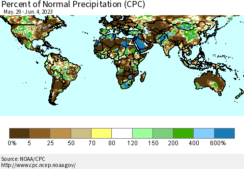 World Percent of Normal Precipitation (CPC) Thematic Map For 5/29/2023 - 6/4/2023