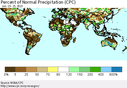 World Percent of Normal Precipitation (CPC) Thematic Map For 6/19/2023 - 6/25/2023
