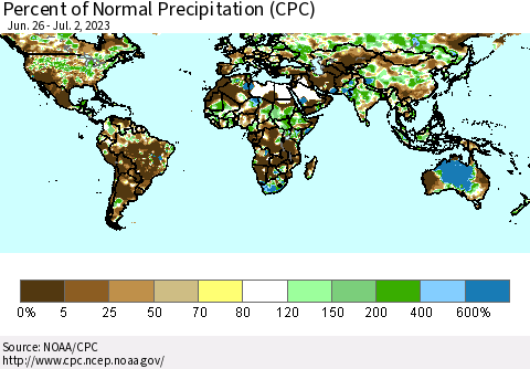 World Percent of Normal Precipitation (CPC) Thematic Map For 6/26/2023 - 7/2/2023