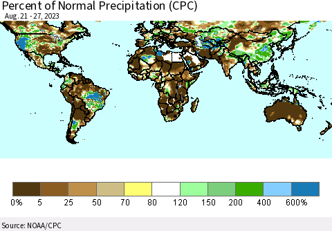 World Percent of Normal Precipitation (CPC) Thematic Map For 8/21/2023 - 8/27/2023